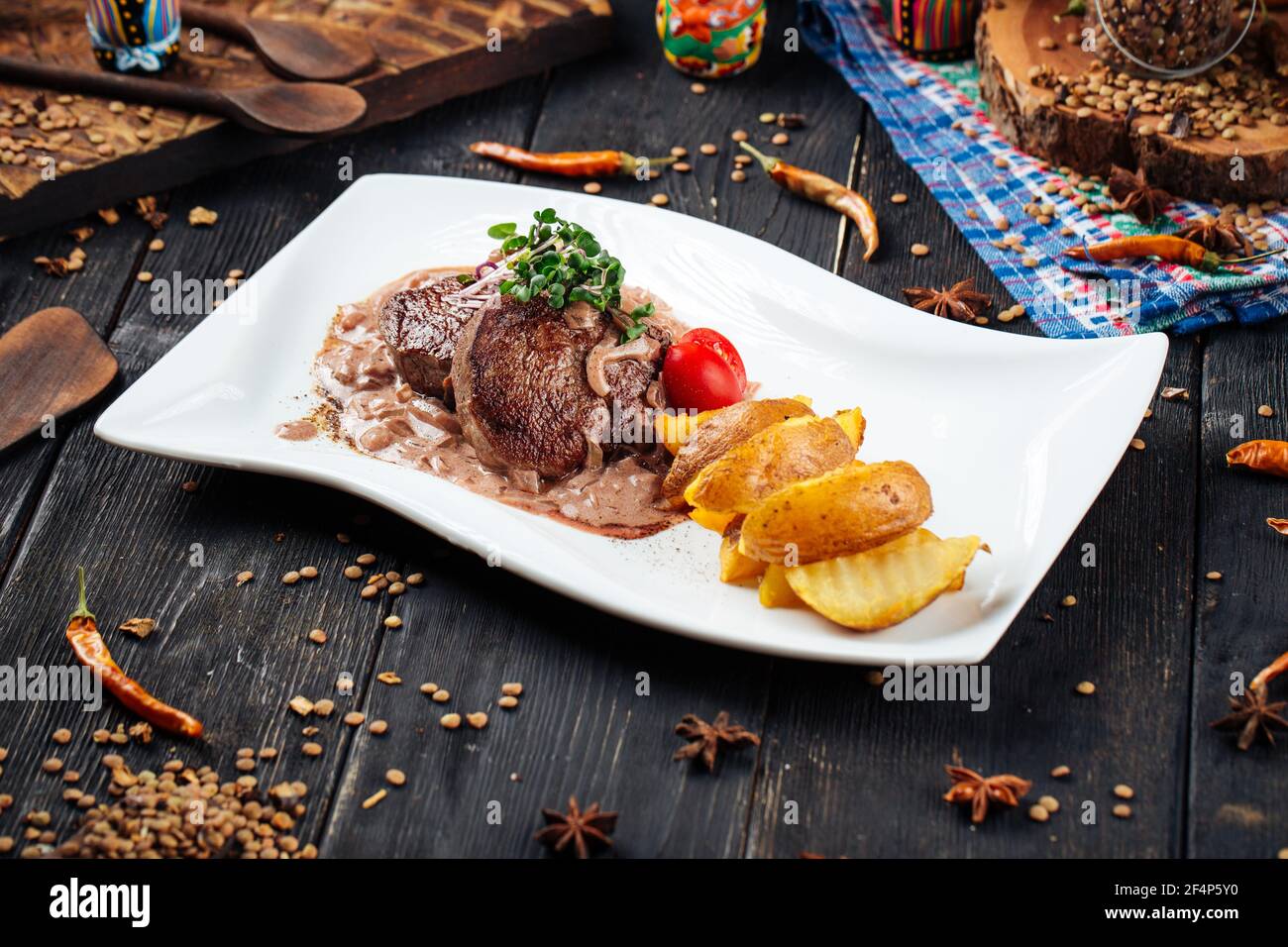 Fillet mignon steaks mushroom sauce with potatoes Stock Photo