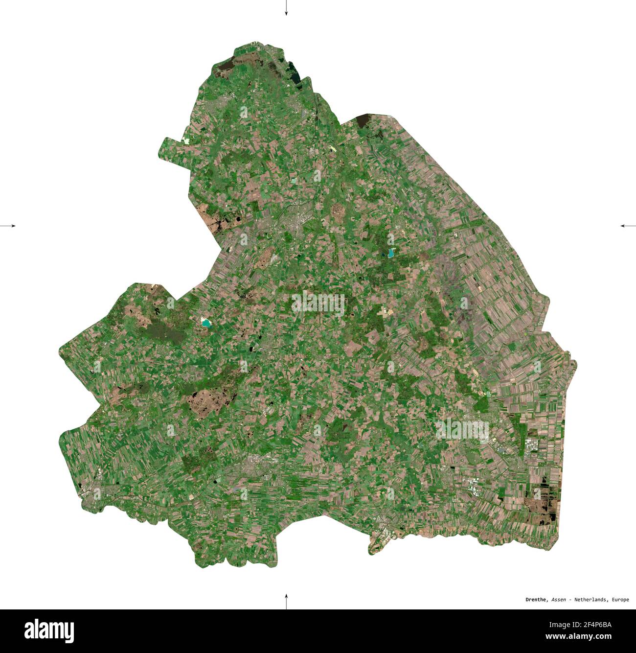 Drenthe, province of Netherlands. Sentinel-2 satellite imagery. Shape isolated on white. Description, location of the capital. Contains modified Coper Stock Photo