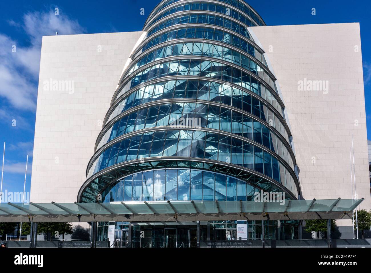 Dublin's Convention Centre situated on Spencer Docks overlooking the River Liffey, Dublin, Ireland.  Dail Eireann is temporarily here due to Covid. Stock Photo