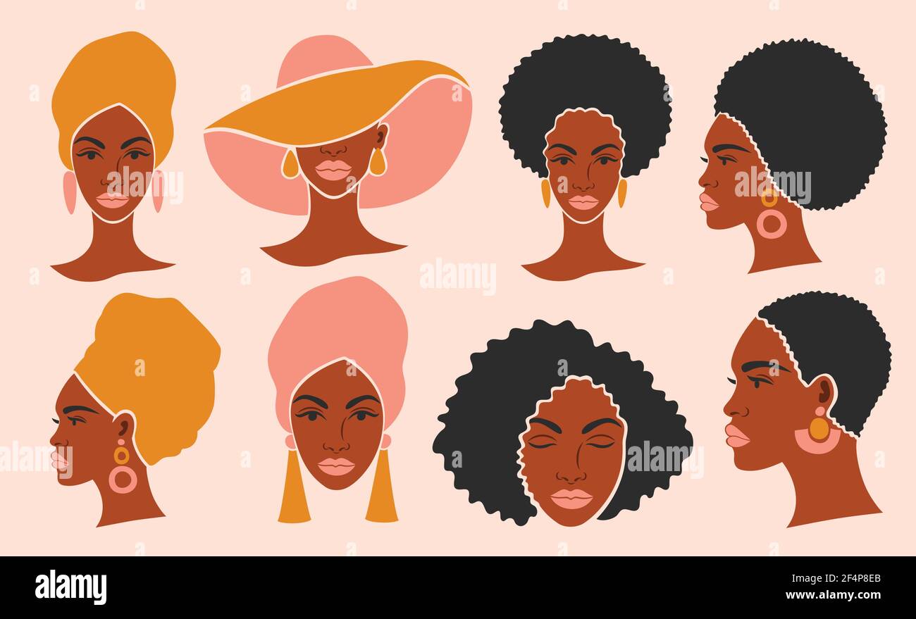 Set of heads of a beautiful black woman.  Stock Vector