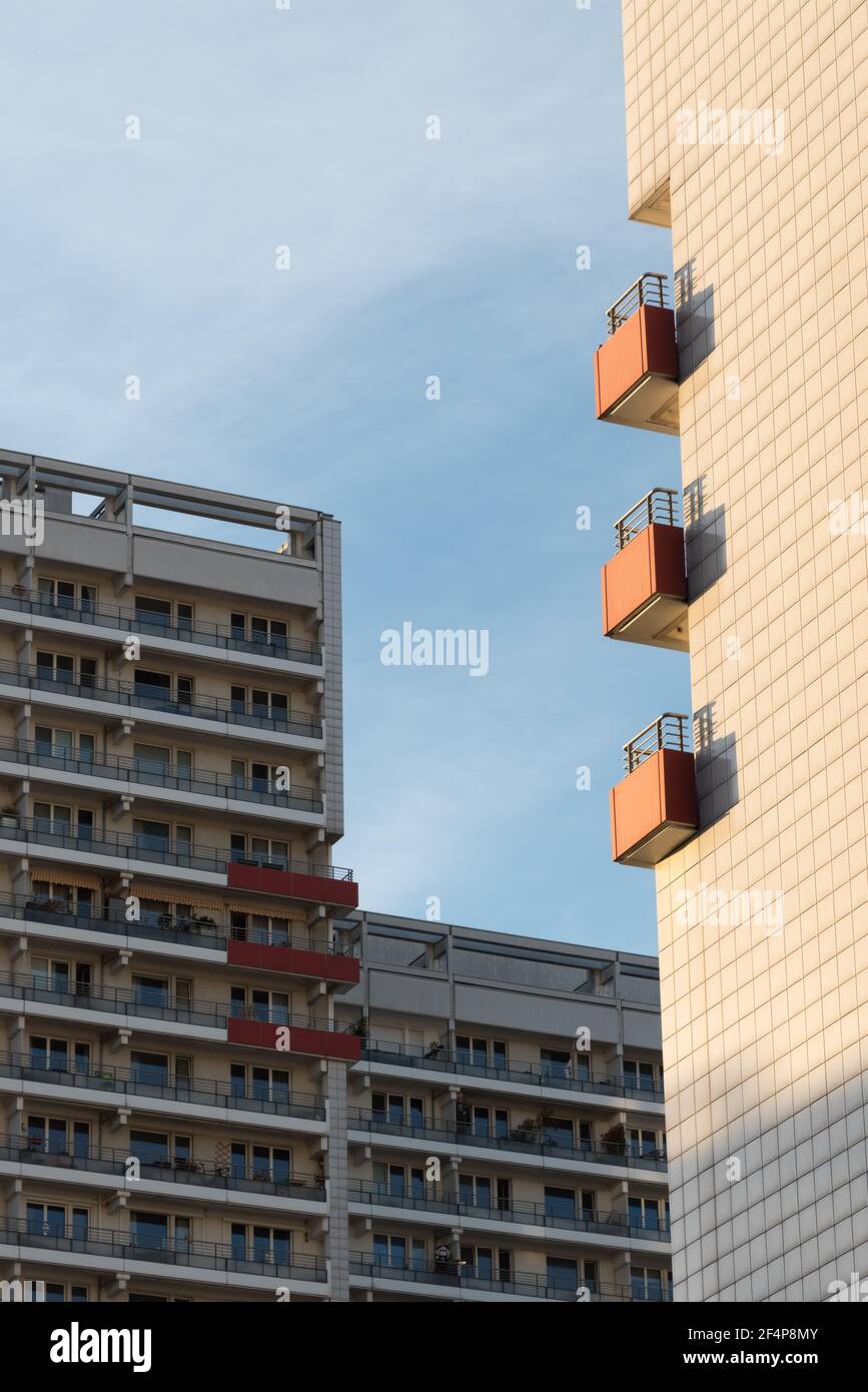 Three balconies on the sunny side of an apartment building Stock Photo ...