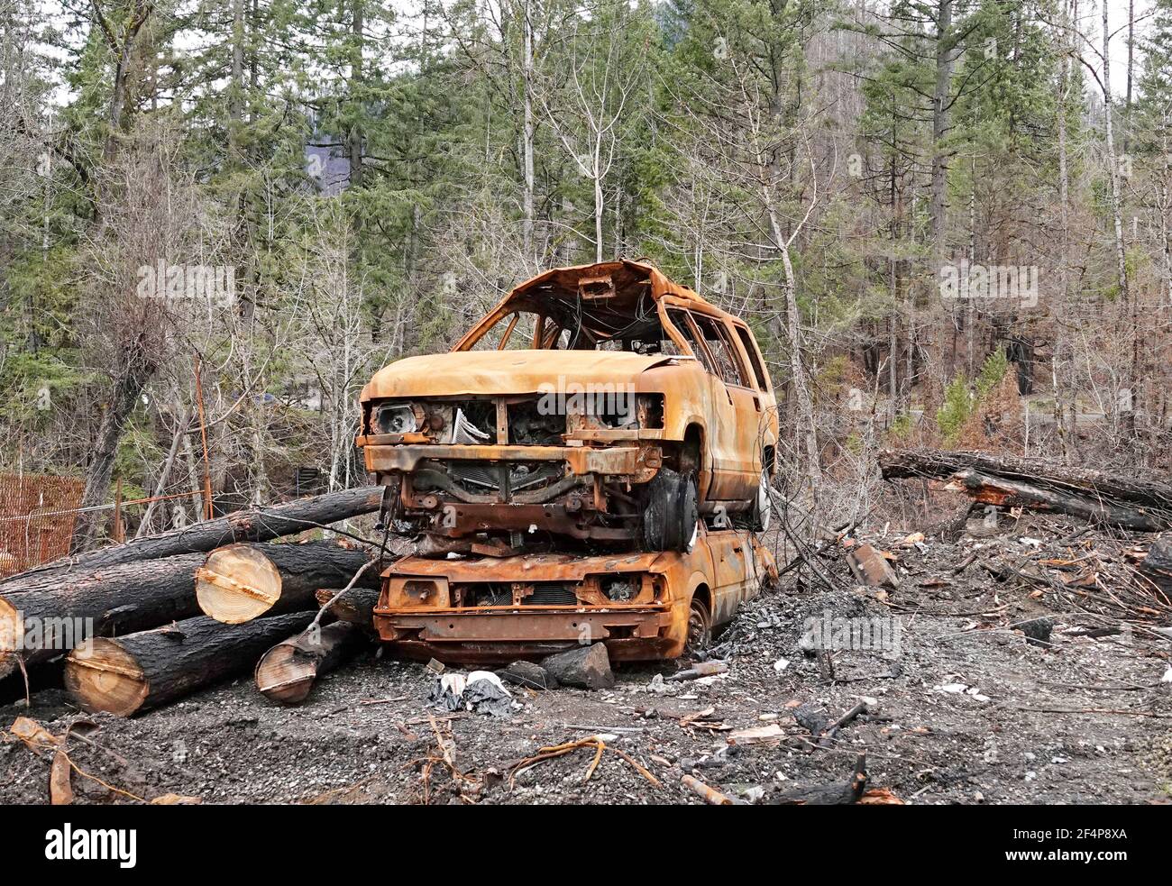 The charred remnants of the small villlage of Blue River, Oregon, following the Holiday Farm forest fire that swept down the McKenzie River Valley in Stock Photo