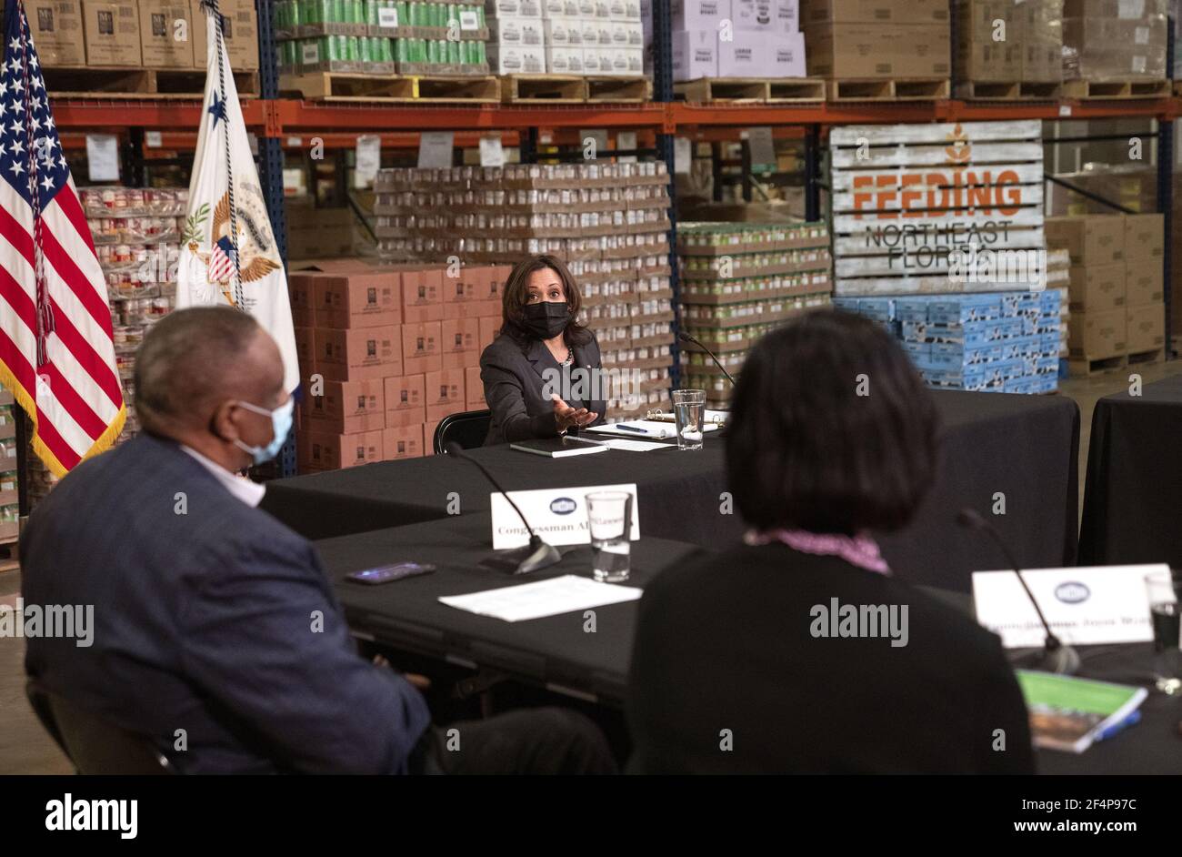 Jacksonville, United States. 22nd Mar, 2021. Vice President Kamala Harris participate in a round table discussion on food insecurity in the wake of the COVID-19 pandemic at Feeding Northeast Florida, in Jacksonville, Florida on Monday, March 22, 2021. Vice President Harris highlighted the effects of the American Rescue Plan on food distribution. Photo by Kevin Dietsch/UPI Credit: UPI/Alamy Live News Stock Photo