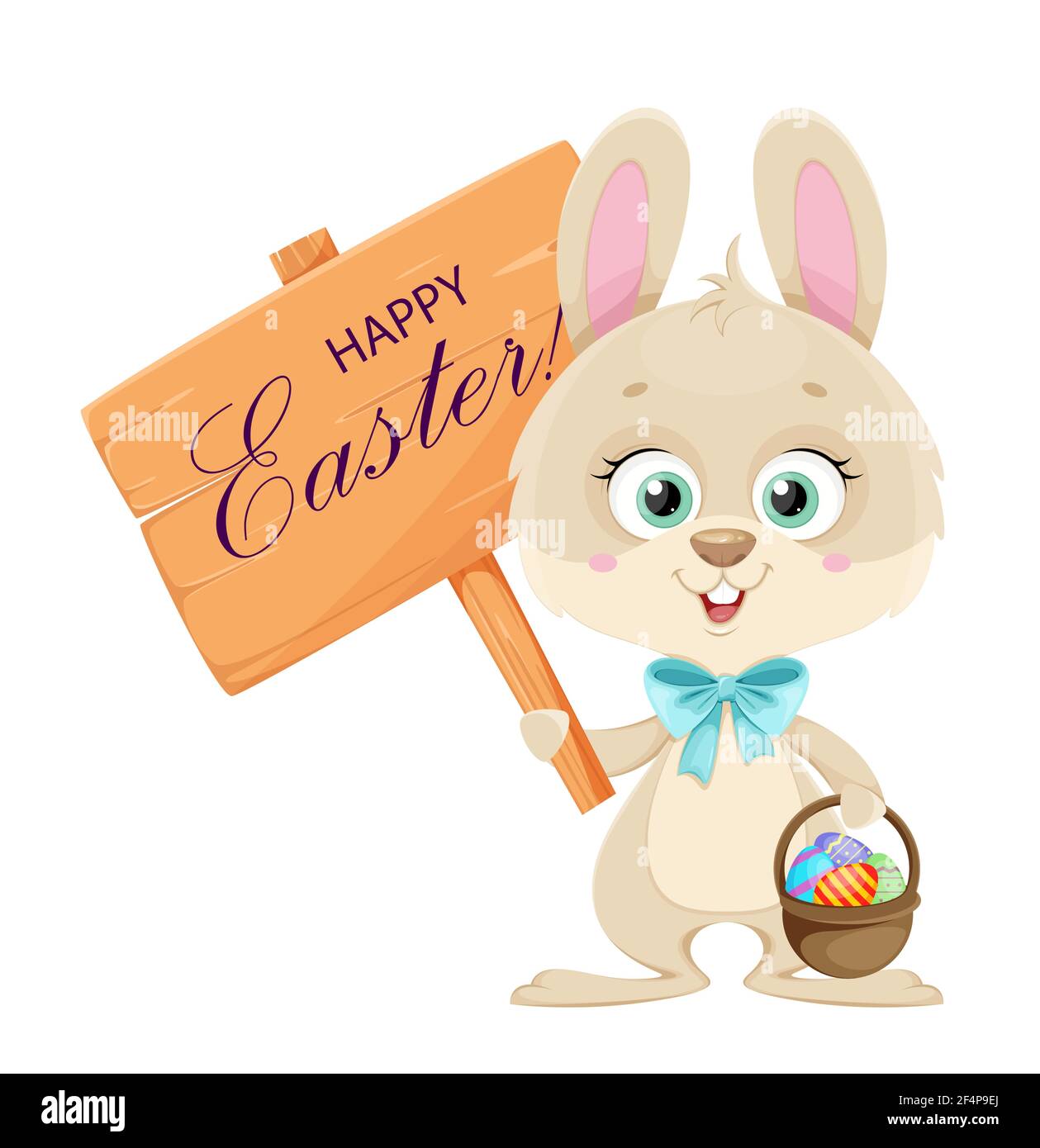 Happy Easter. Cute little bunny holding wooden sign with greetings and