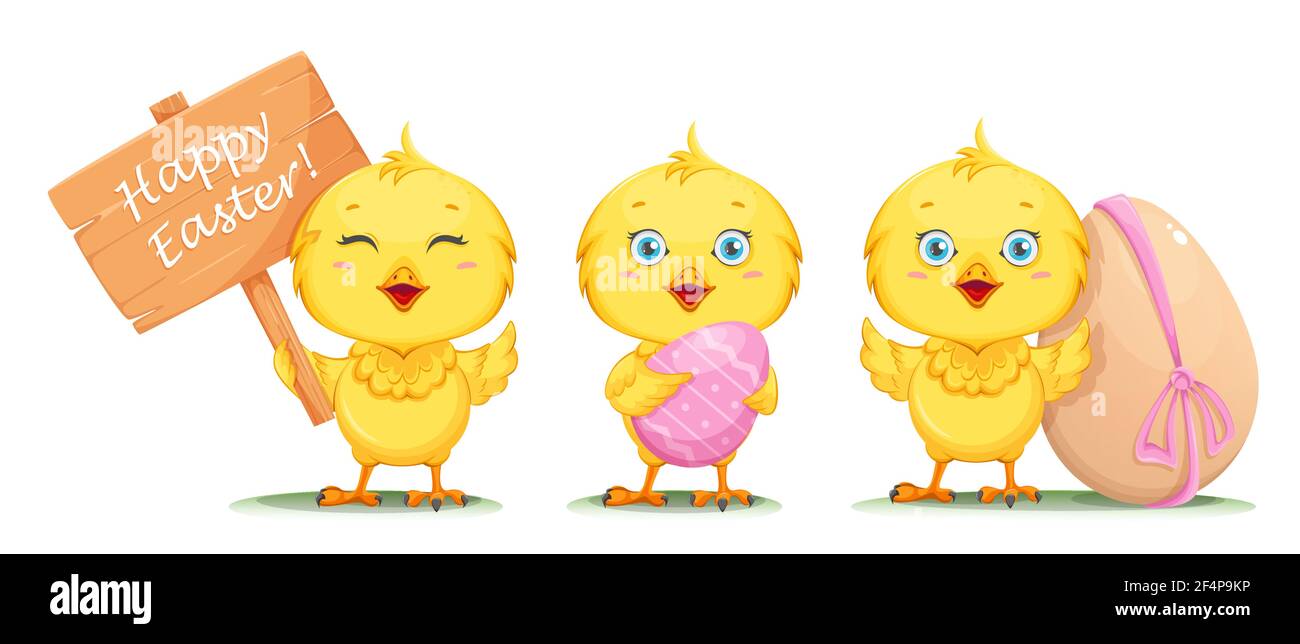 Cute little chick, set of three poses. Happy Easter. Funny baby chicken ...