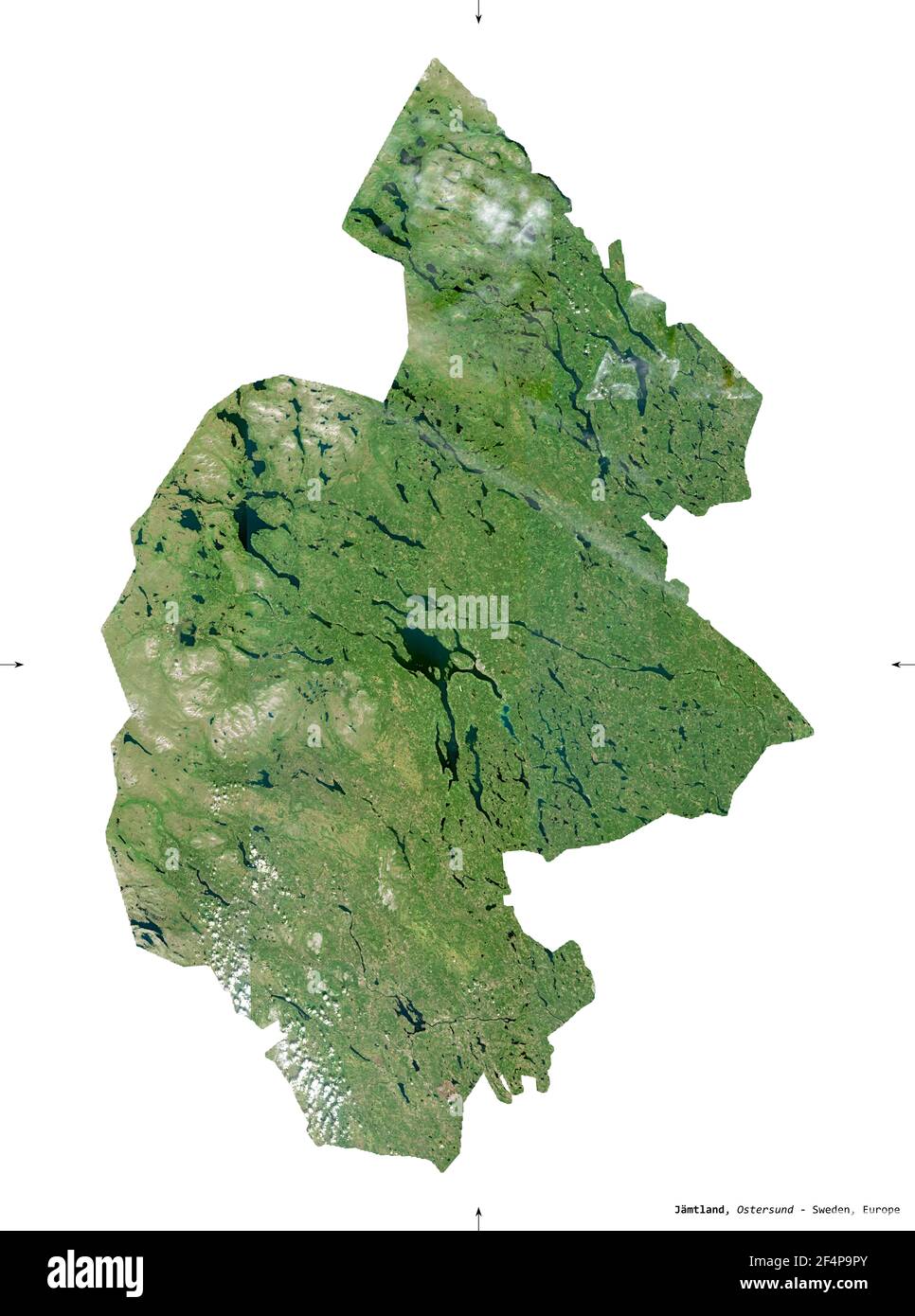 Jamtland, county of Sweden. Sentinel-2 satellite imagery. Shape isolated on white. Description, location of the capital. Contains modified Copernicus Stock Photo