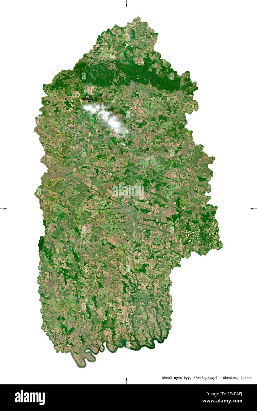 Khmel'nyts'kyy, region of Ukraine. Sentinel-2 satellite imagery. Shape isolated on white. Description, location of the capital. Contains modified Cope Stock Photo