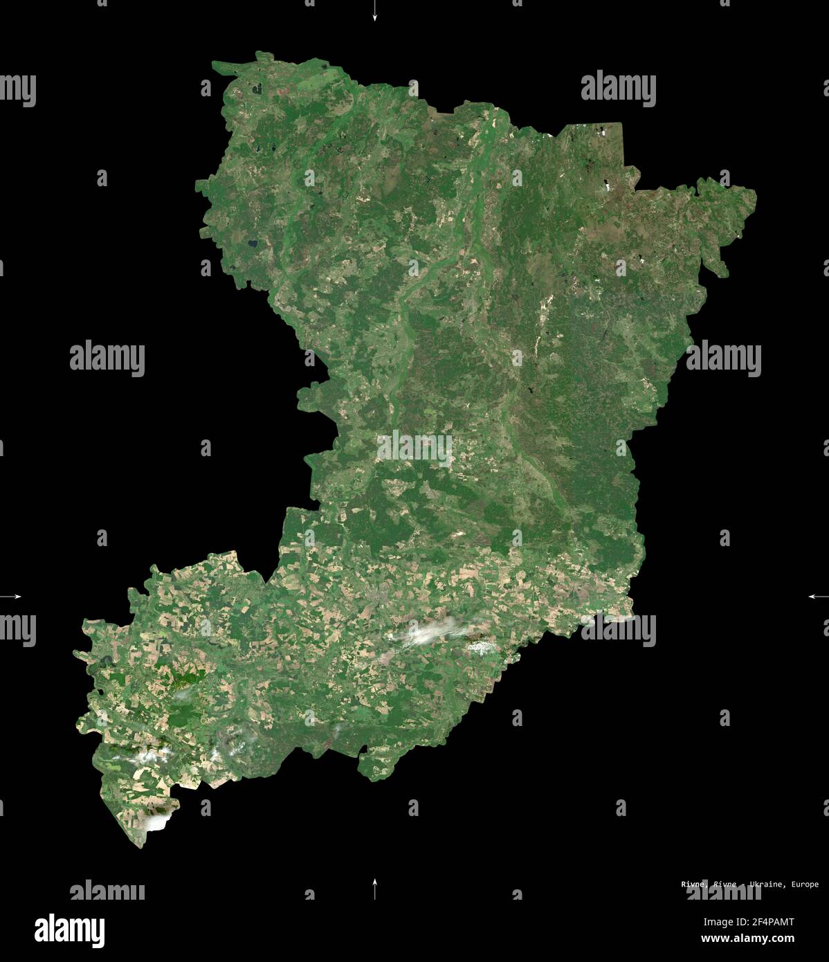 Rivne, region of Ukraine. Sentinel-2 satellite imagery. Shape isolated on black. Description, location of the capital. Contains modified Copernicus Se Stock Photo