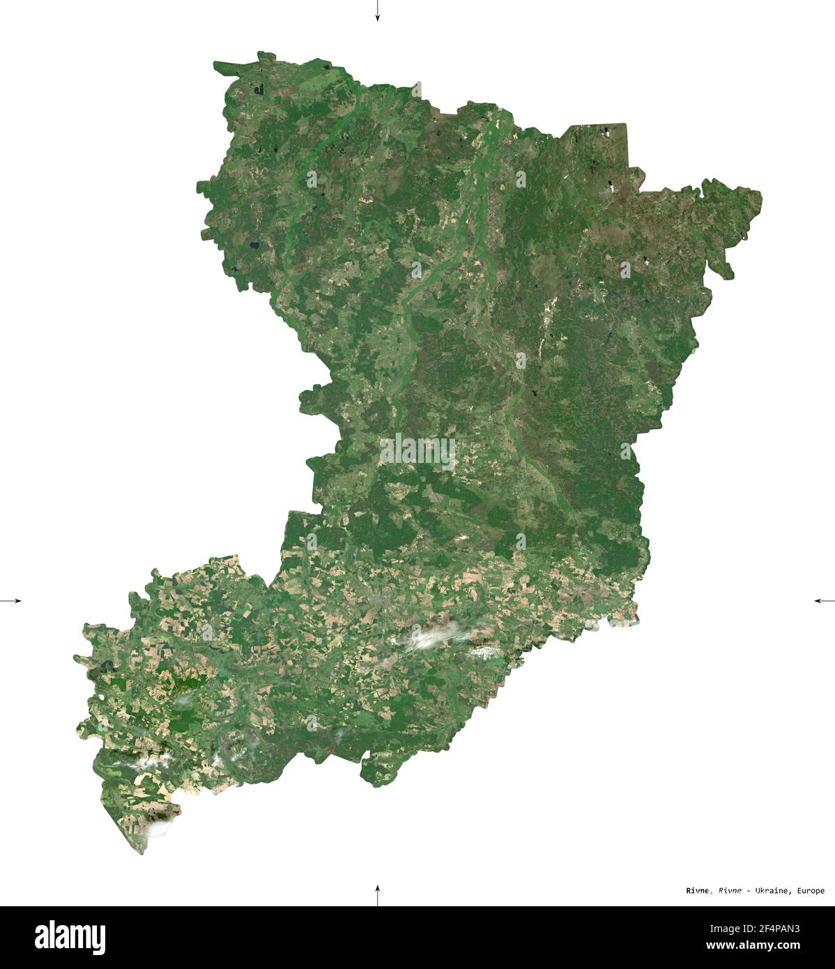 Rivne, region of Ukraine. Sentinel-2 satellite imagery. Shape isolated on white. Description, location of the capital. Contains modified Copernicus Se Stock Photo