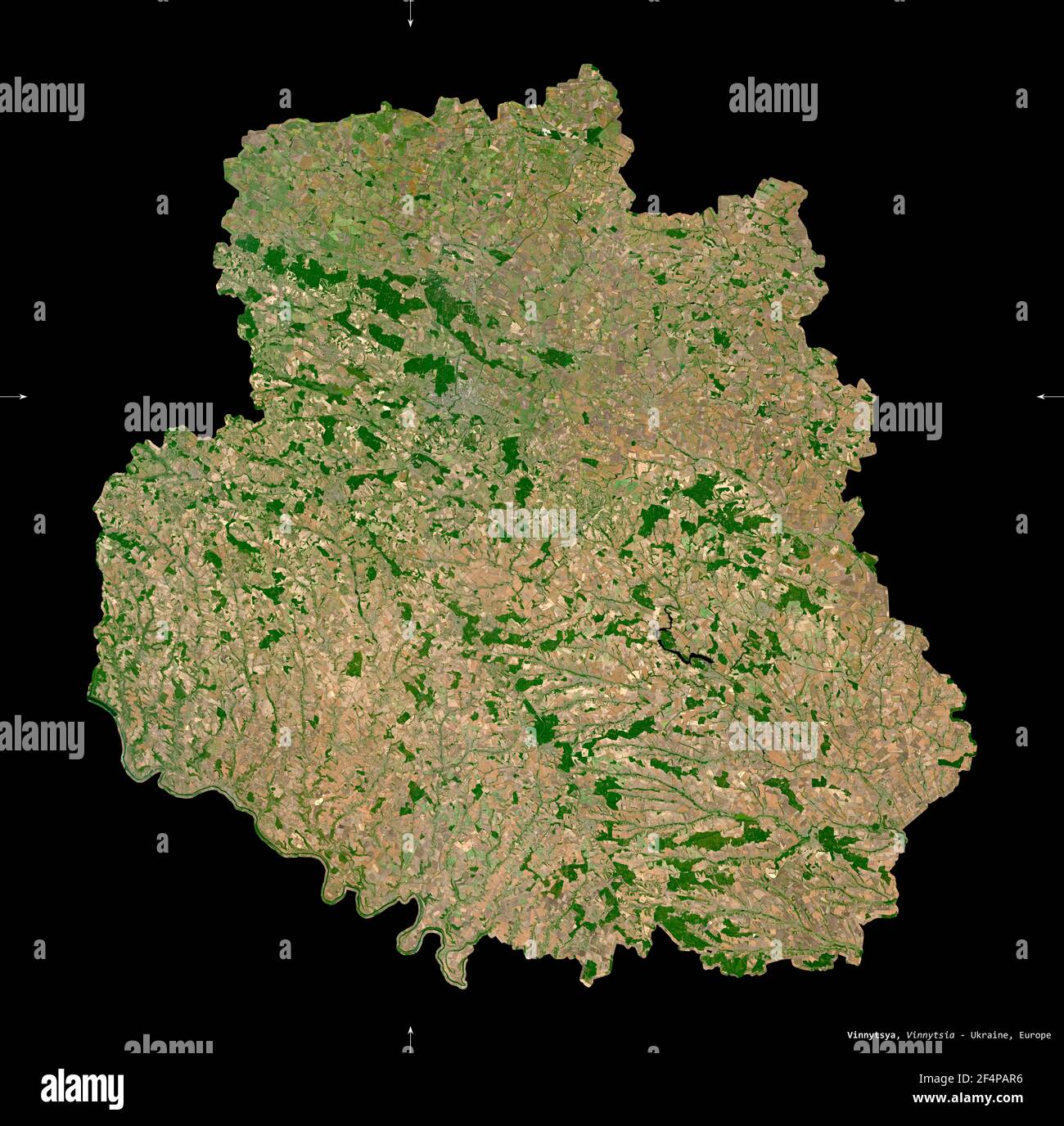Vinnytsya, region of Ukraine. Sentinel-2 satellite imagery. Shape isolated on black. Description, location of the capital. Contains modified Copernicu Stock Photo