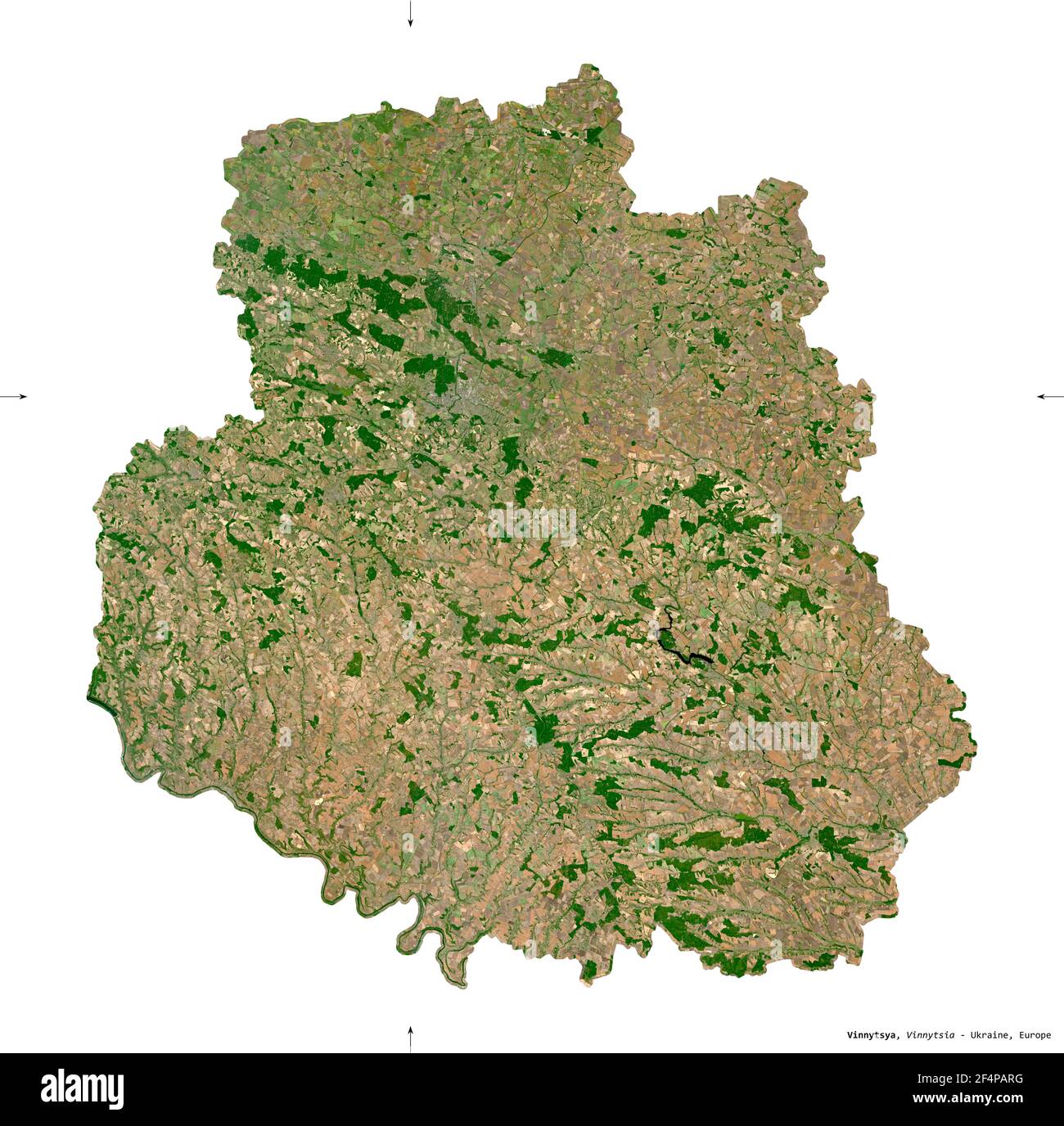 Vinnytsya, region of Ukraine. Sentinel-2 satellite imagery. Shape isolated on white. Description, location of the capital. Contains modified Copernicu Stock Photo
