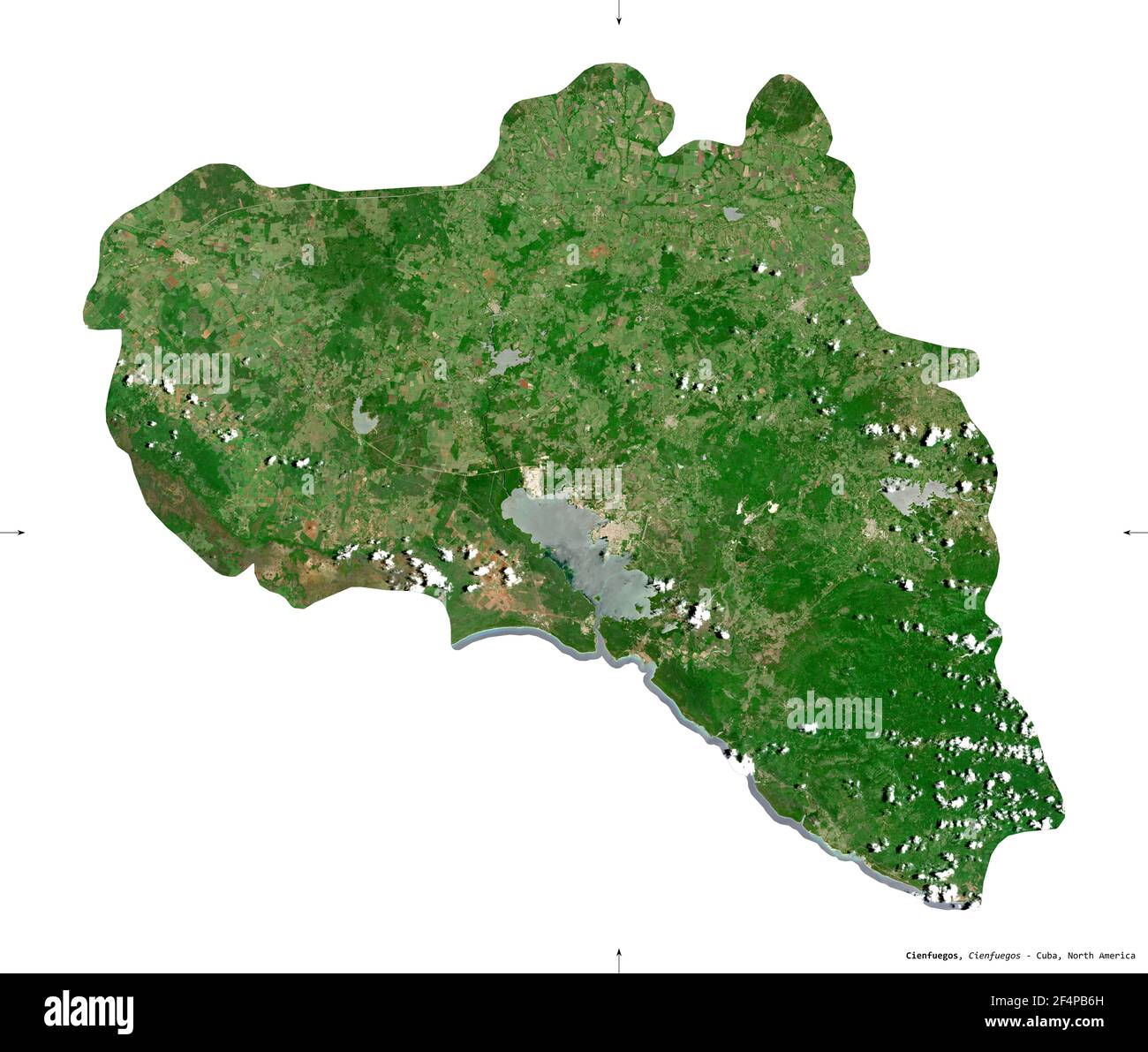 Cienfuegos, province of Cuba. Sentinel-2 satellite imagery. Shape isolated on white solid. Description, location of the capital. Contains modified Cop Stock Photo