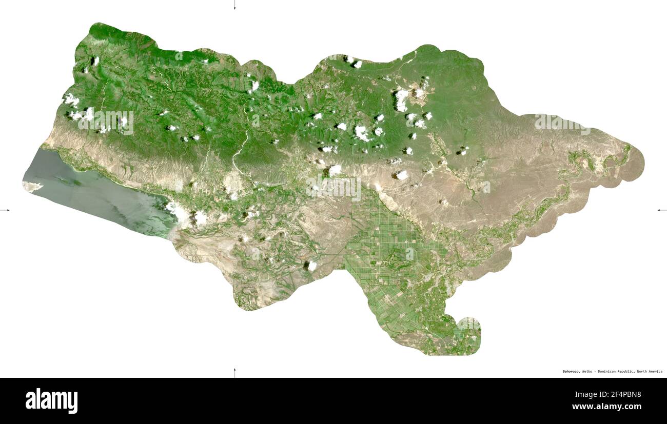 Bahoruco, province of Dominican Republic. Sentinel-2 satellite imagery. Shape isolated on white. Description, location of the capital. Contains modifi Stock Photo