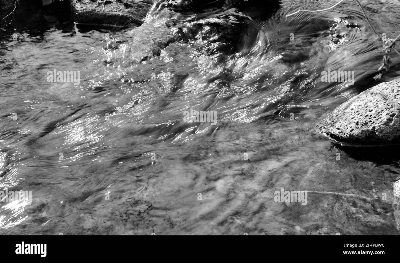 Black and white photo of Beautiful water texture. River in motion. Water natural background. Stock Photo