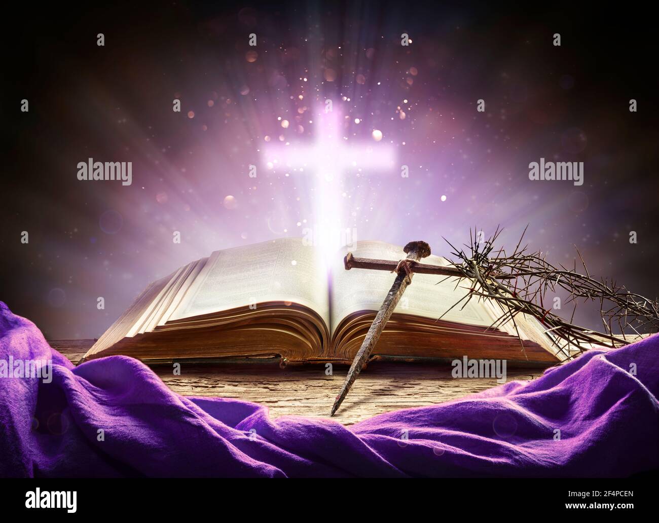 Passion And Resurrection Concept - Holy Bible And Calvary Symbols Stock Photo