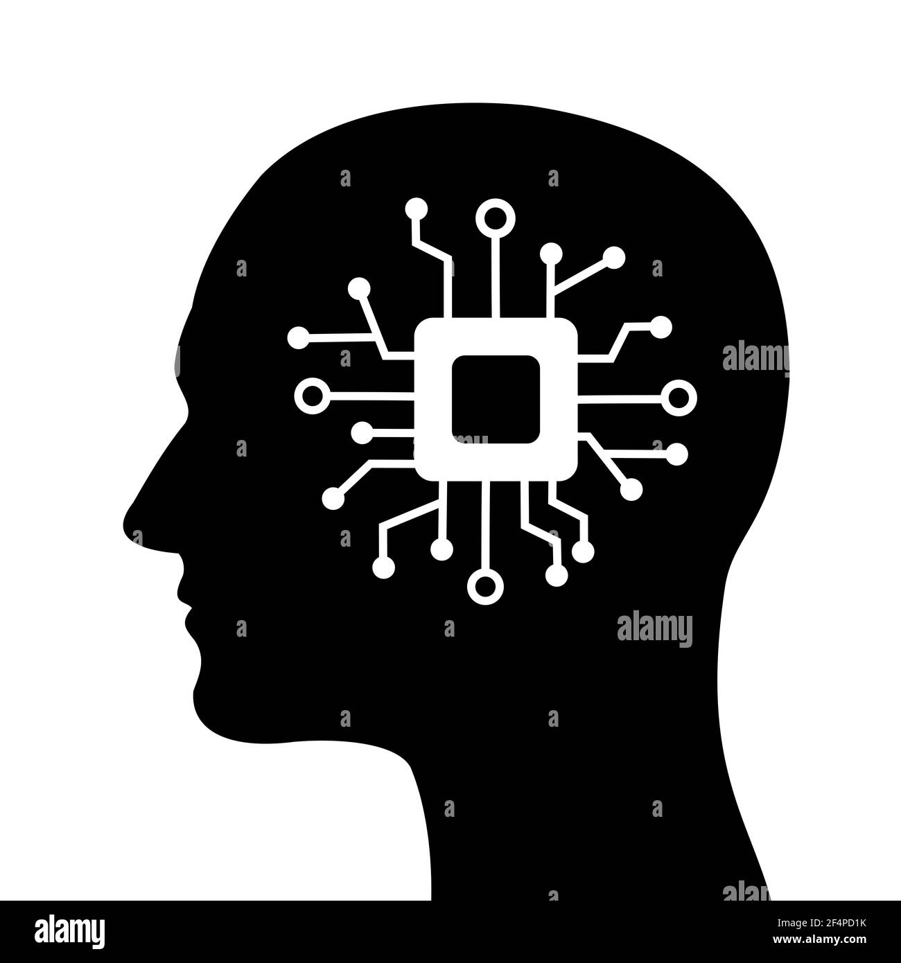 Android and humanoid - silhouette of human with processor, microprocessor, chip, chipset and cpu in head instead of brain. Robotic human and modern di Stock Photo