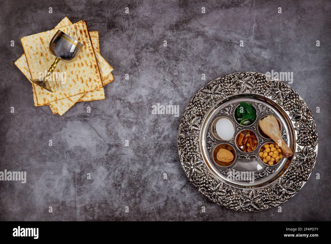 Jewish matzah, kiddush and seder with egg, bone, herbs, walnut