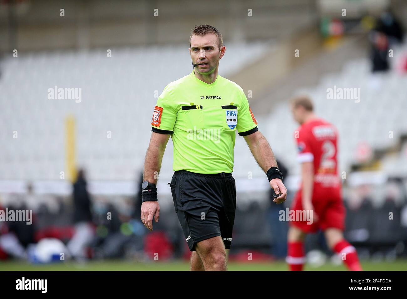 BRUGES, BELGIUM - MARCH 21: referee Nicolas Laforge during the Jupiler ...