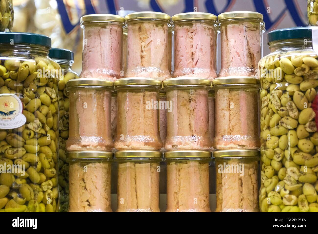 Anchovies and olives displayed at a market in Padua Italy Stock Photo