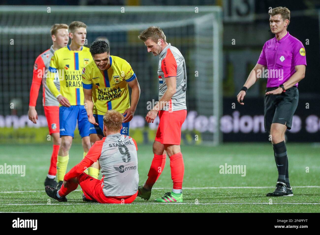Leeuwarden Netherlands March 22 Jort Van Der Sande Of Fc Eindhoven Injured Ragnar Oratmangoen Of Sc Cambuur Referee Joey Kooij During The Dutch Stock Photo Alamy