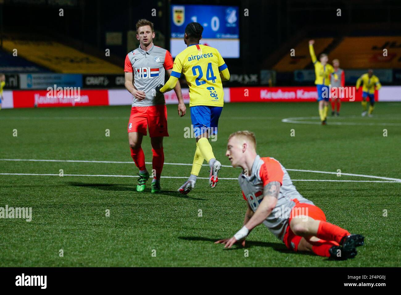 Leeuwarden Netherlands March 22 Jens Van Son Of Fc Eindhoven Disappointed David Sambissa Of Sc Cambuur Celebrating His Goal During The Dutch Keuk Stock Photo Alamy