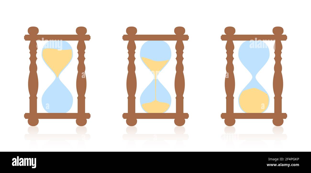 Hourglass - start, halftime and finish sequence. Three sand timer in timing action, measuring as time goes by, before, during, after. Stock Photo