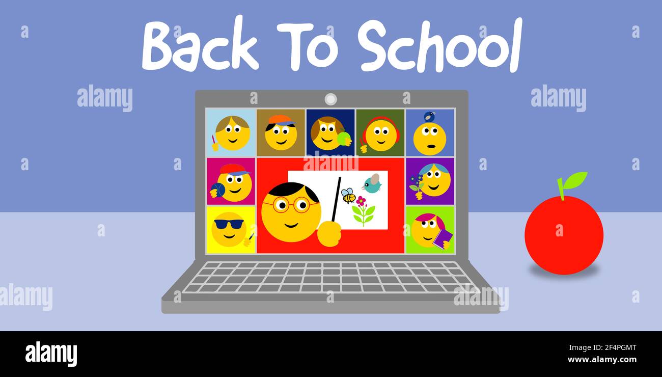 Online virtual zoom class teleconference of emoji students and teacher