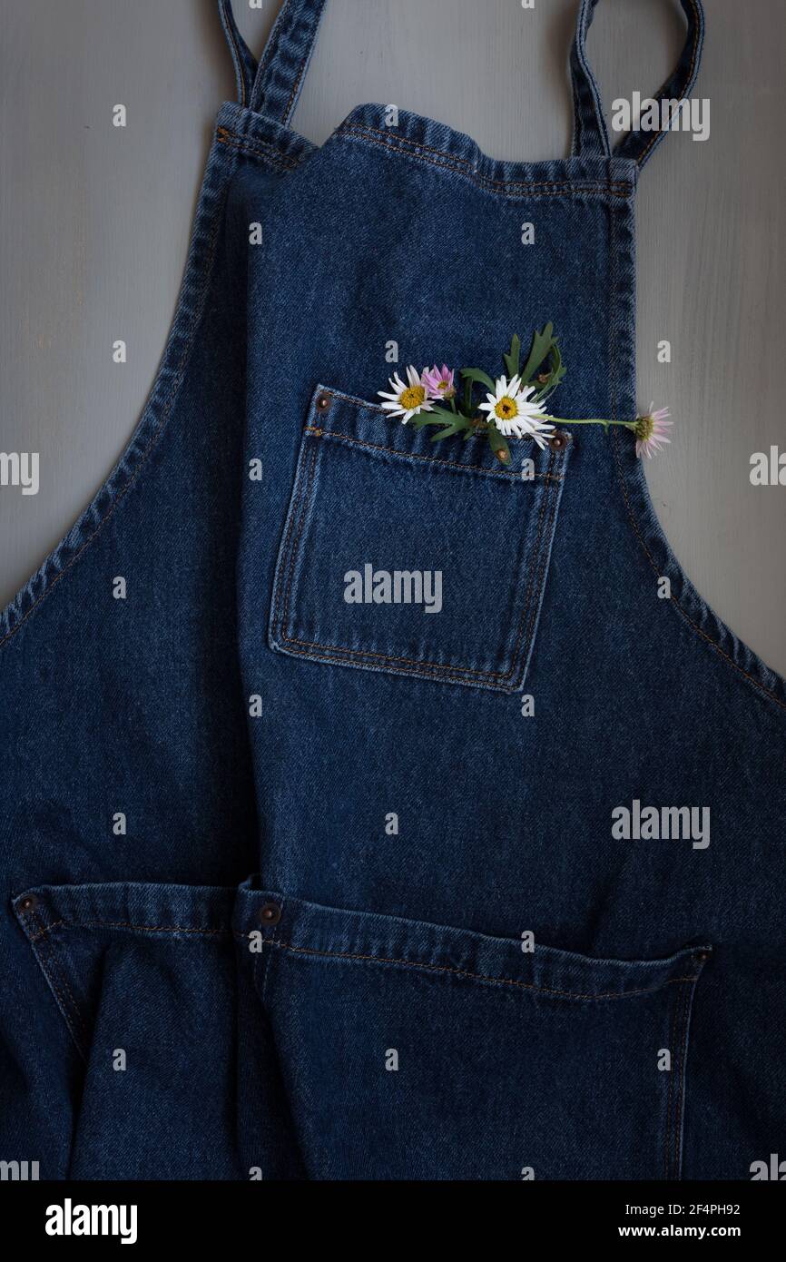 Denim apron isolated on gray background. Stock Photo