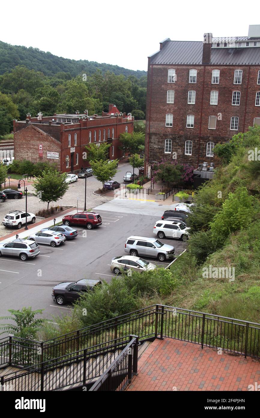 Downtown Lynchburg, VA, USA. View of Washington St, with industrial buildings repurposed as