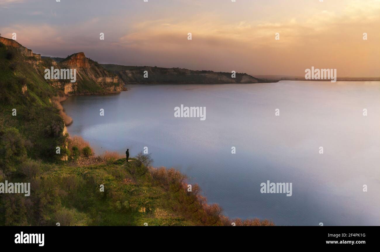 Magnificent landscape with river and ravines at sunset. Panoramic of the Tagus tablets, Spain Stock Photo