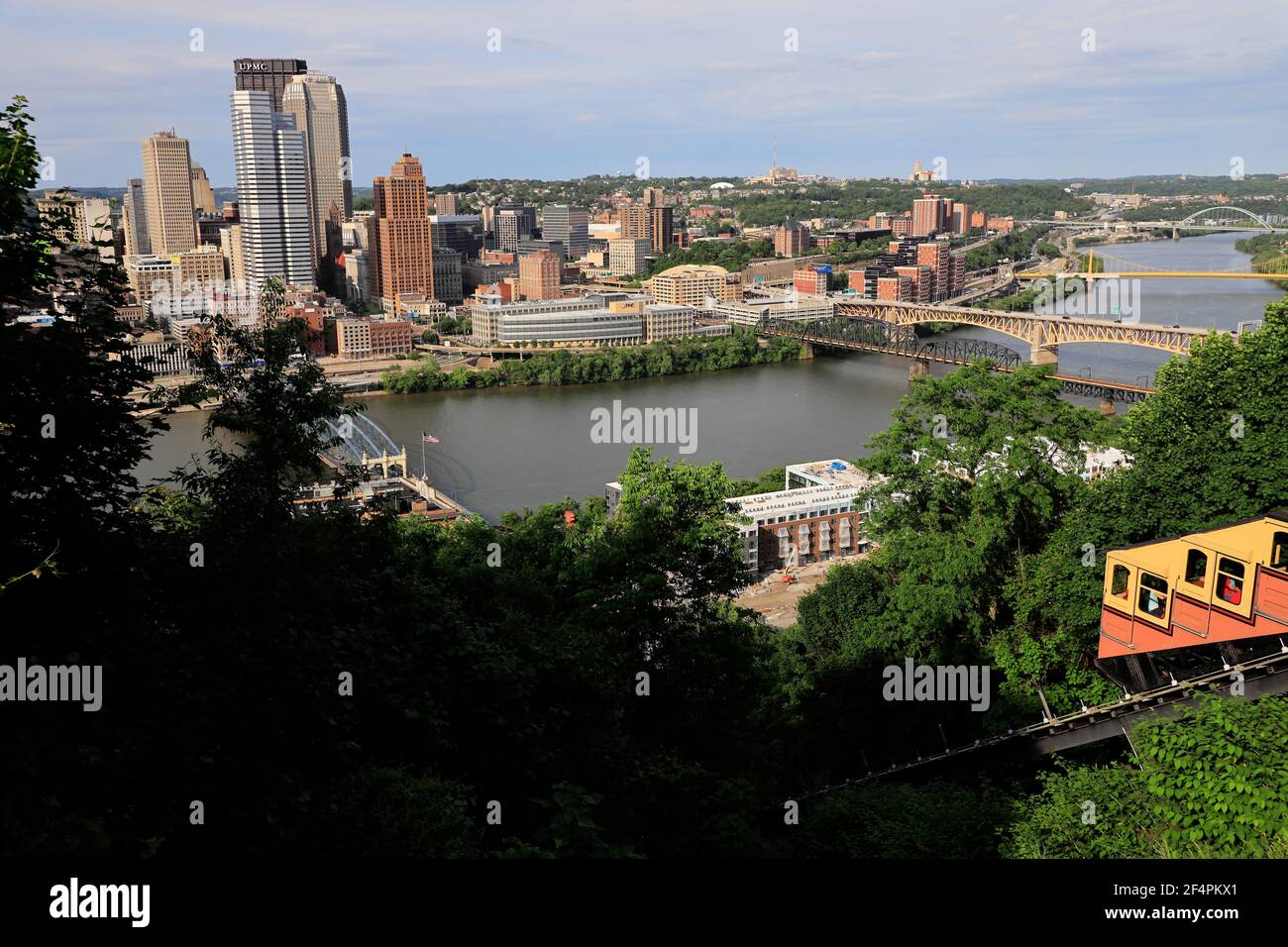 Downtown Pittsburgh from Mount Washington with Monongahela River and Monongahela Incline in foreground.Pittsburgh.Pennsylvania.USA Stock Photo