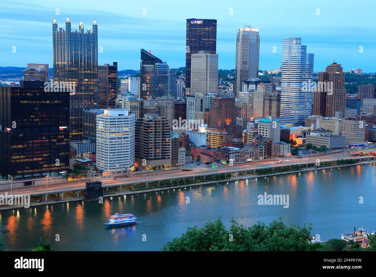 Downtown Pittsburgh and Central Business District with Monongahela River in foreground during dusk.Pittsburgh.Pennsylvania.USA Stock Photo