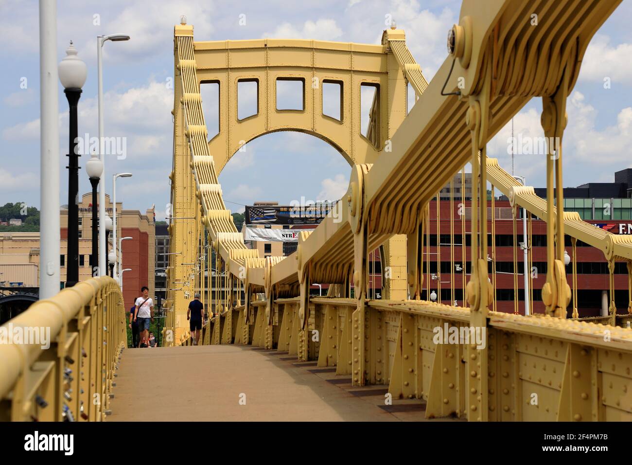 Roberto Clemente Bridge aka Sixth Street Bridge with the view of North Shore of Pittsburgh in background.Pittsburgh.Pennsylvania.USA Stock Photo