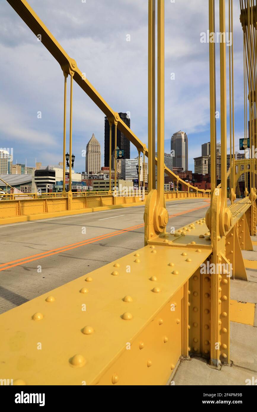 Andy Warhol Bridge aka Seventh Street Bridge with the view of downtown Pittsburgh in background.Pittsburgh.Pennsylvania.USA Stock Photo