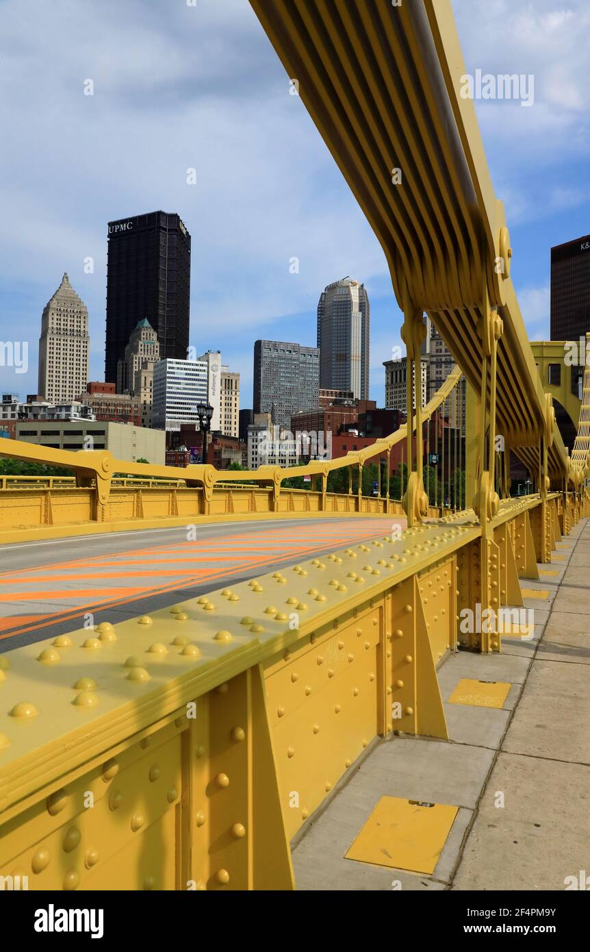 Andy Warhol Bridge aka Seventh Street Bridge with the view of downtown Pittsburgh in background.Pittsburgh.Pennsylvania.USA Stock Photo