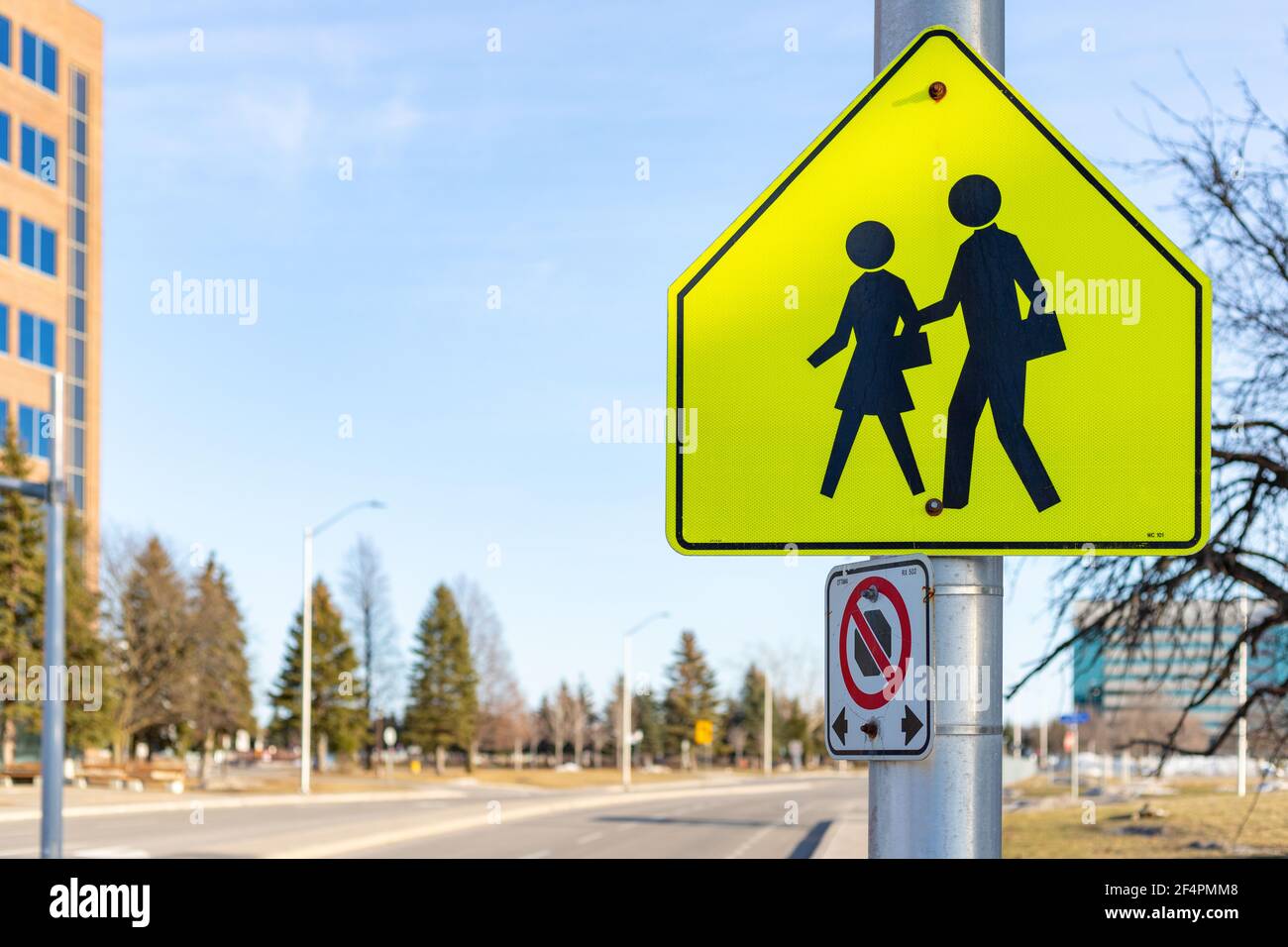 Ottawa, Canada - March 19, 2021: School Ahead sign on the road in Ottawa, Canada Stock Photo