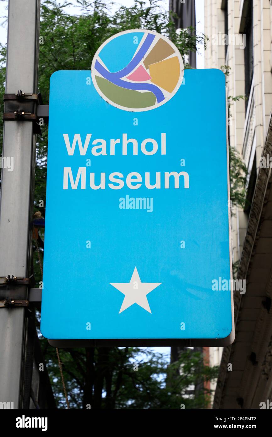 The sign board of The Andy Warhol Museum outside the museum building.Pittsburgh.Pennsylvania.USA Stock Photo