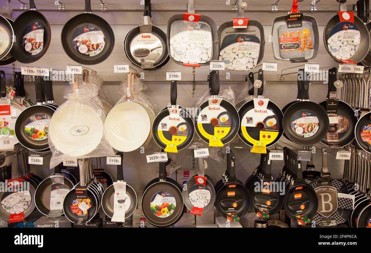 Kaliningrad, Russia - November 19, 2020: Frying pans on shelves of market. Stock Photo