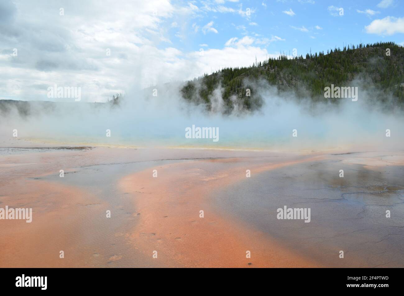 Late Spring in Yellowstone National Park: Steamy Grand Prismatic Spring and Streamers in the Excelsior Group of Midway Geyser Basin Stock Photo