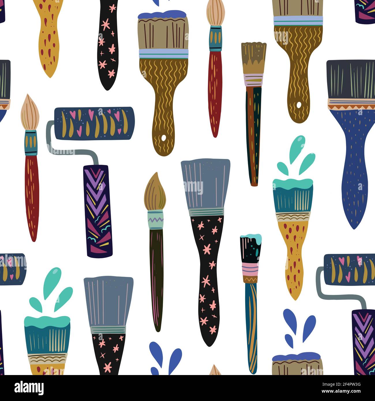 Cute colorful doodle hand drawn seamless pattern with paint brushes and rollers. Stock Vector