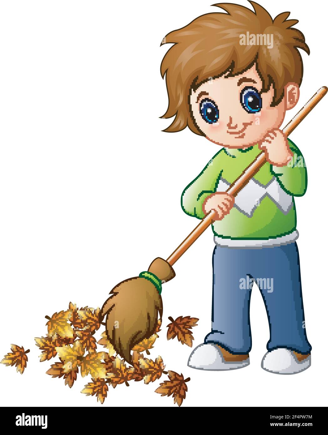 Vector illustration of Cartoon boy with broom and autumn leaves Stock ...
