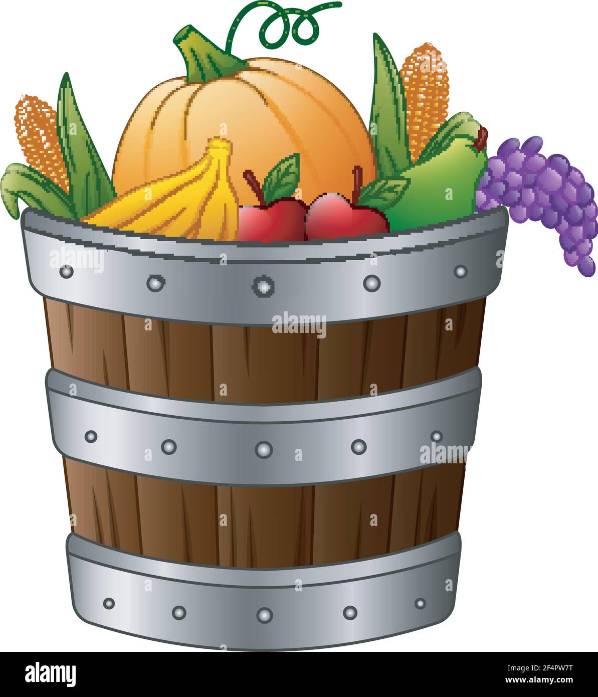 Vector illustration of Wooden basket with harvest fruits and vegetables ...
