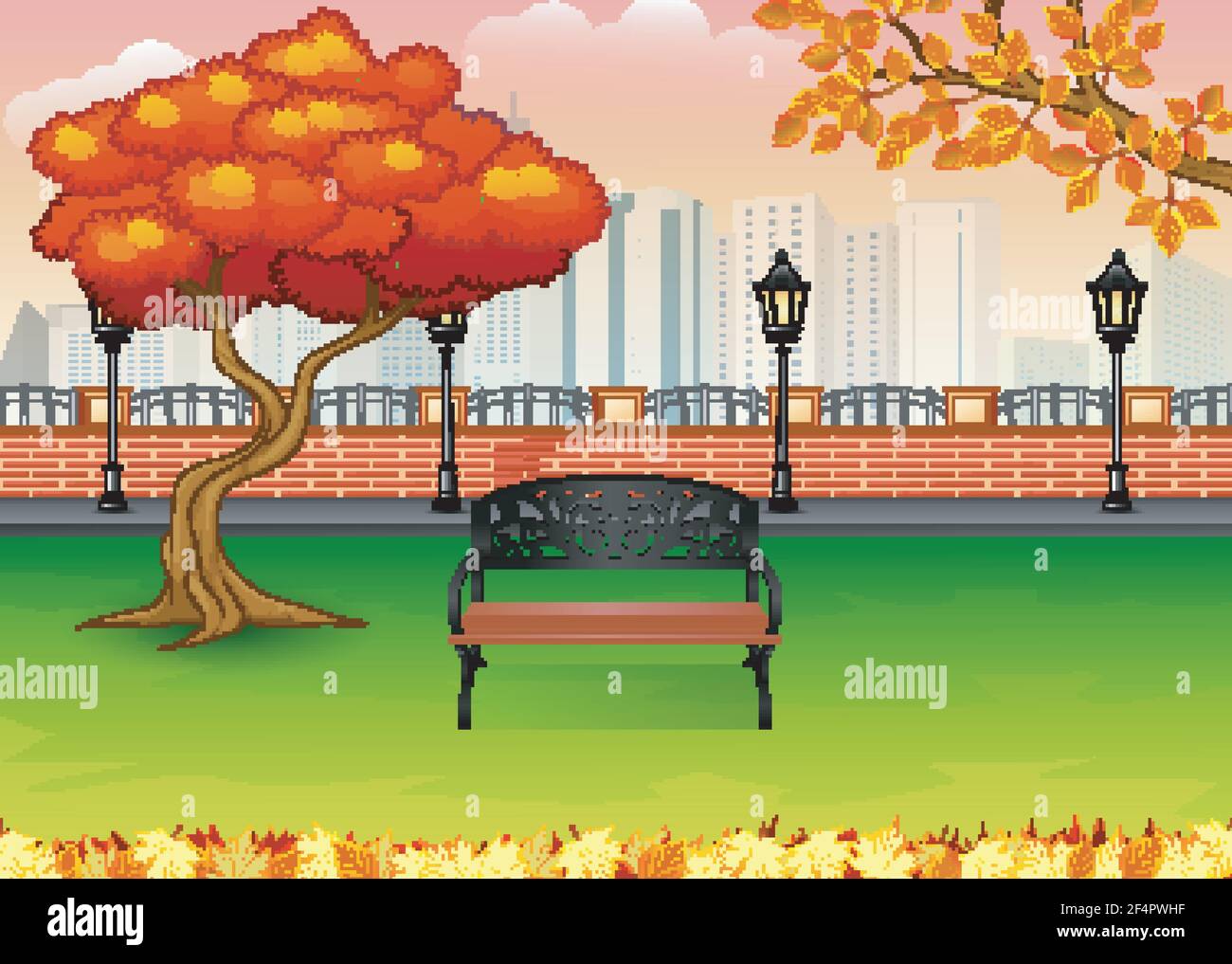 Vector illustration of Autumn city park with town building background ...