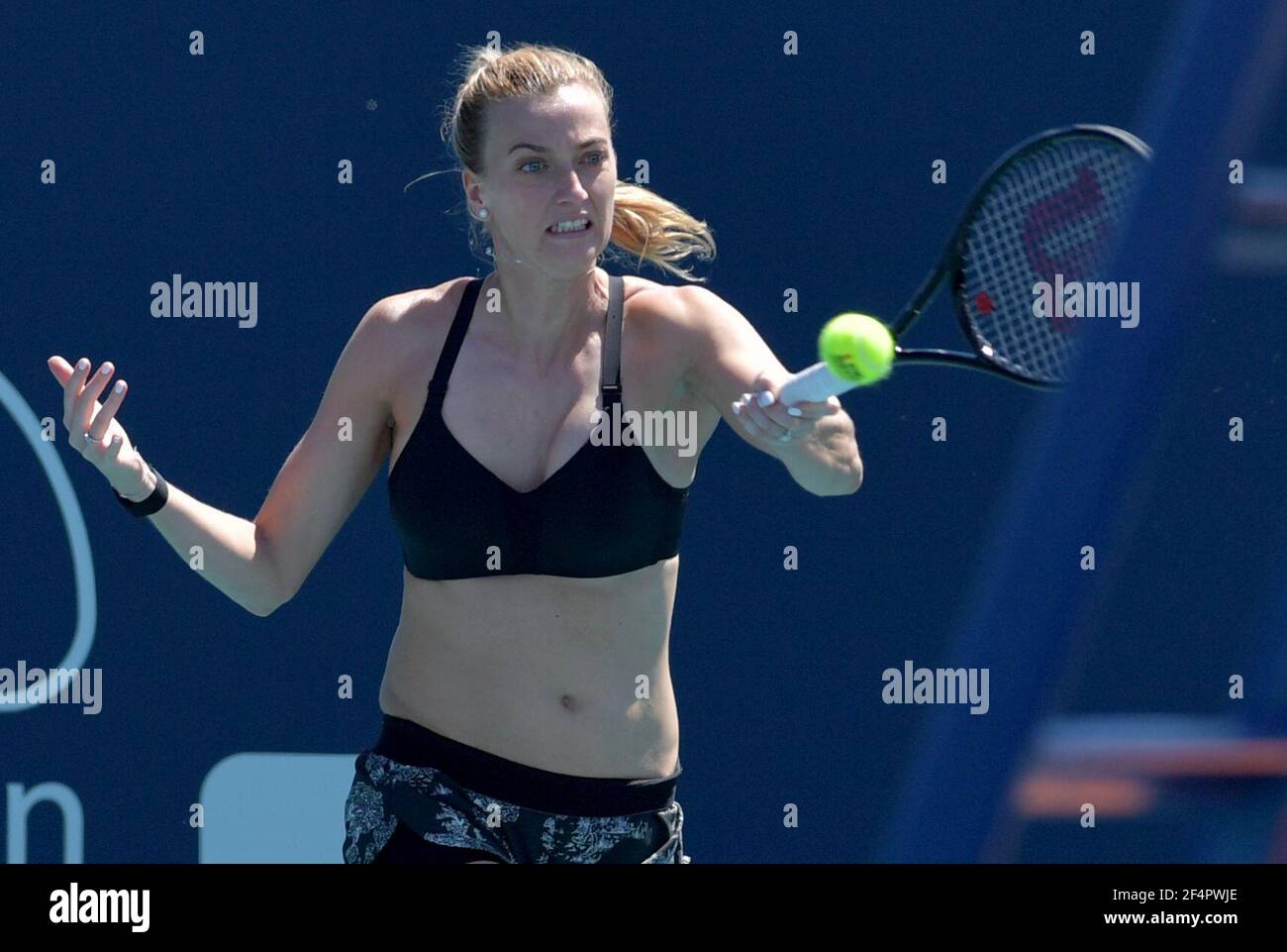 MIAMI GARDENS, FL - MARCH 22: Petra Kvitova seen playing in Qualifying  round on day 1 of the Miami Open on March 22, 2021 at Hard Rock Stadium in  Miami Gardens, Florida.