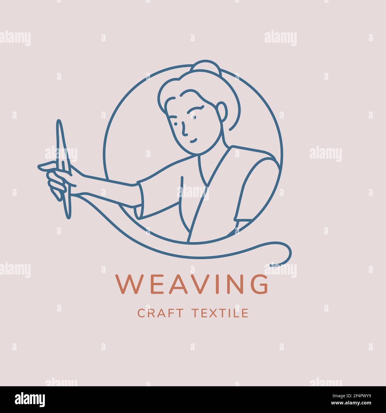 Woman working on hand woven textile with weaving shuttle on her hand. Stock Vector