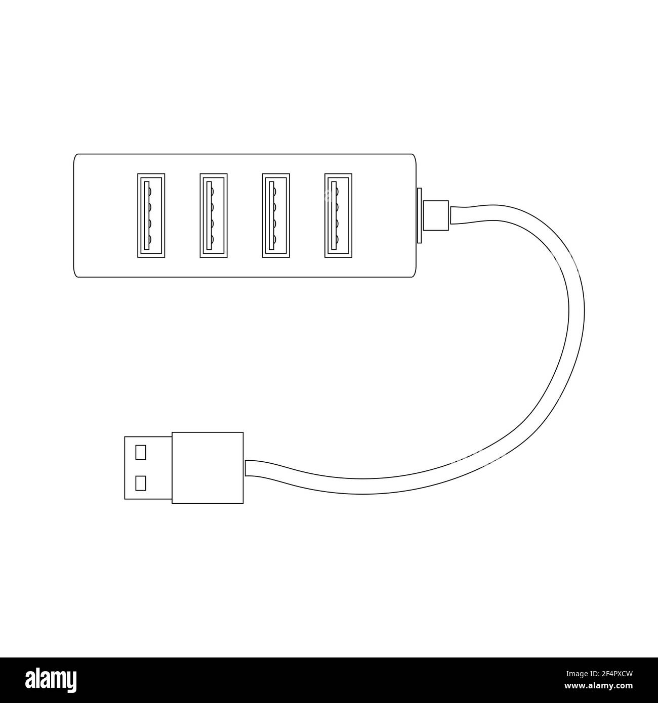 Rectangular USB hub in contour design with USB ports and cable. A