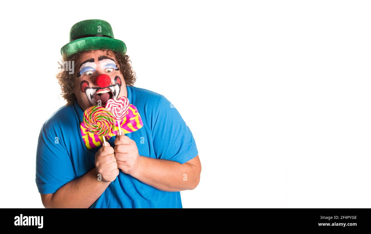Holidays. Funny fat clown. White background. Stock Photo