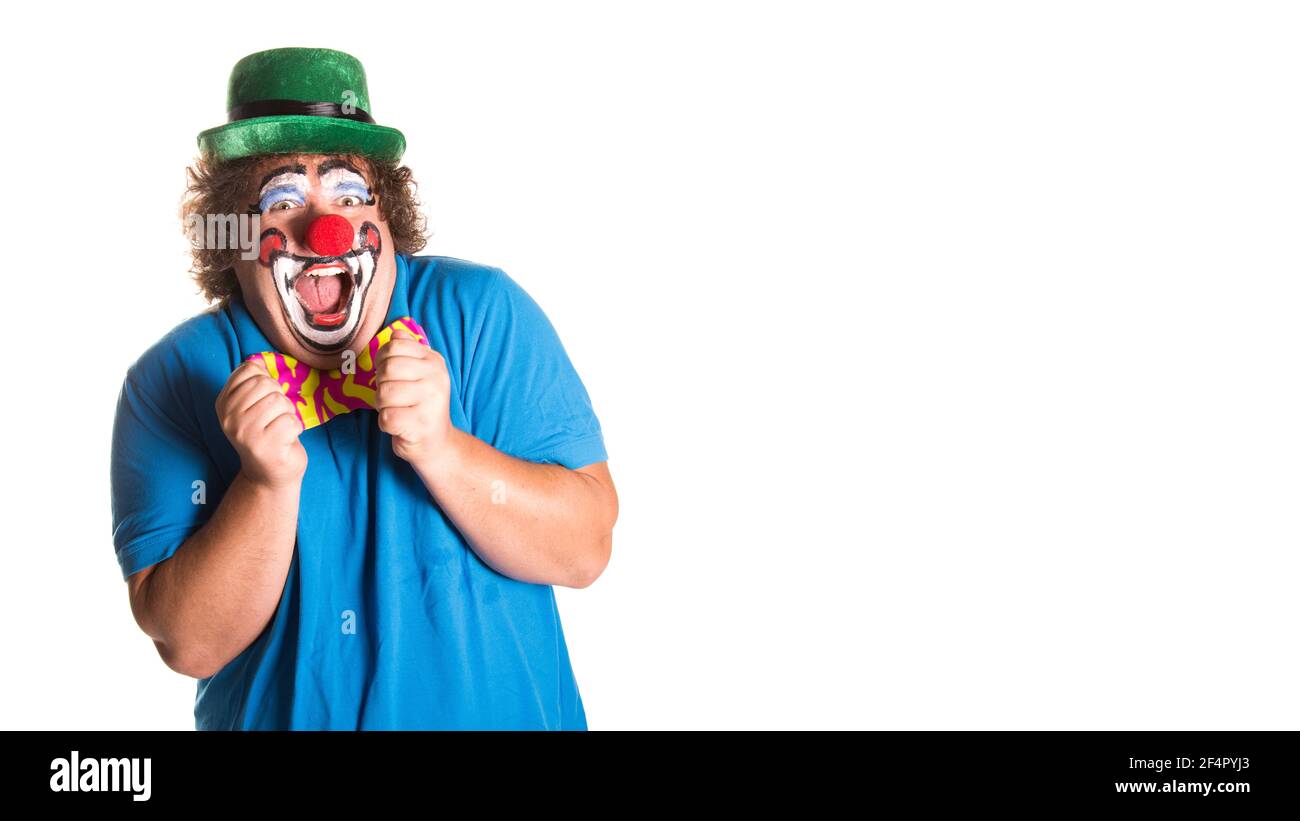 Holidays. Funny fat clown. White background. Stock Photo