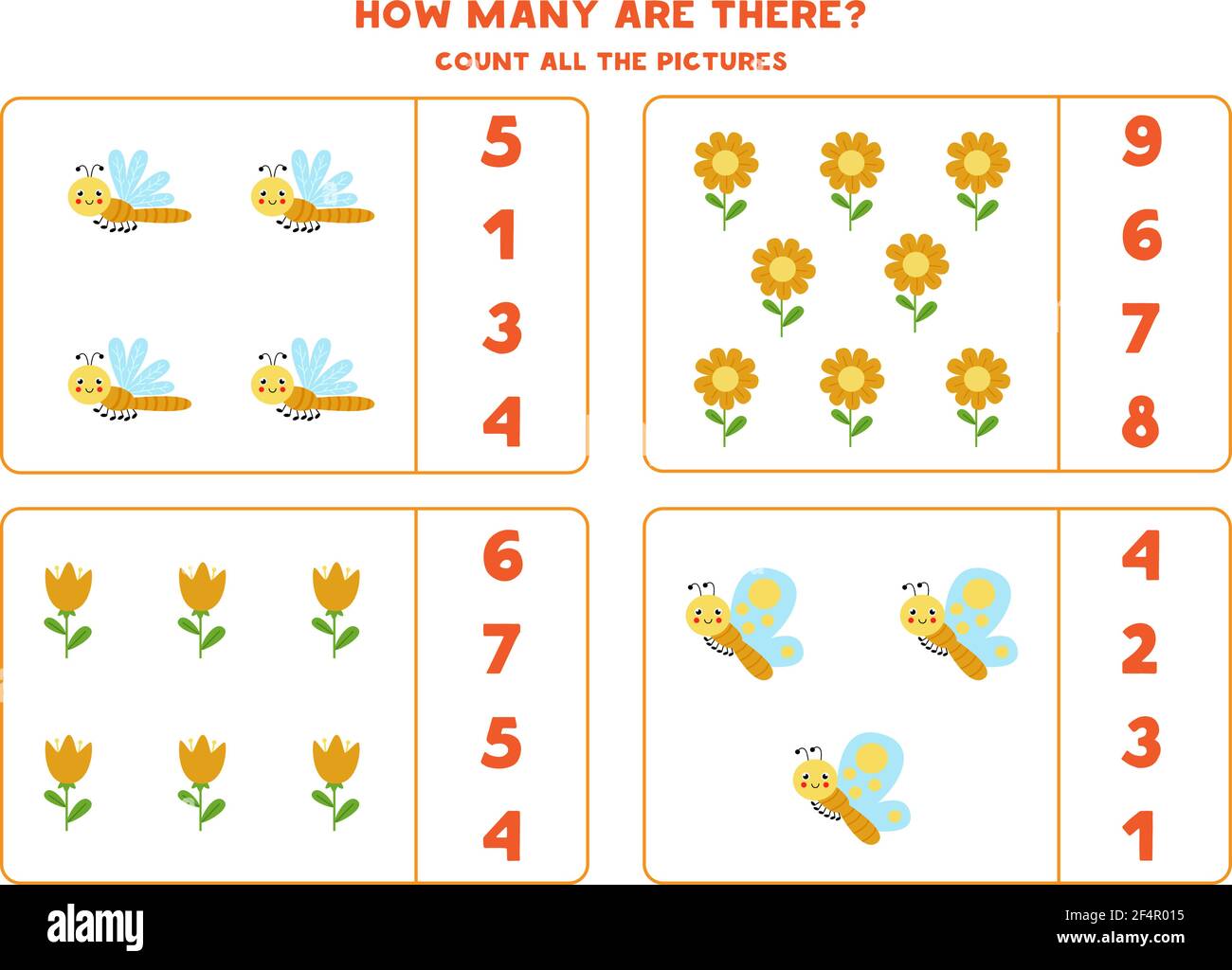 Count all cute insects and circle the correct answers. Math game for ...