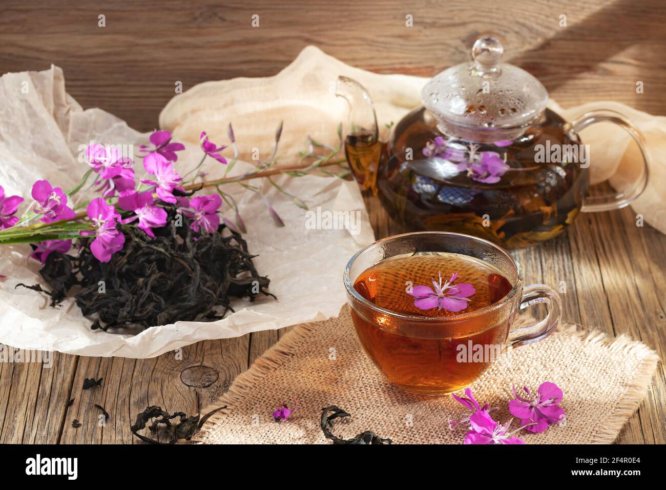 Herbal tea made from fireweed known as blooming sally in teapot and cup